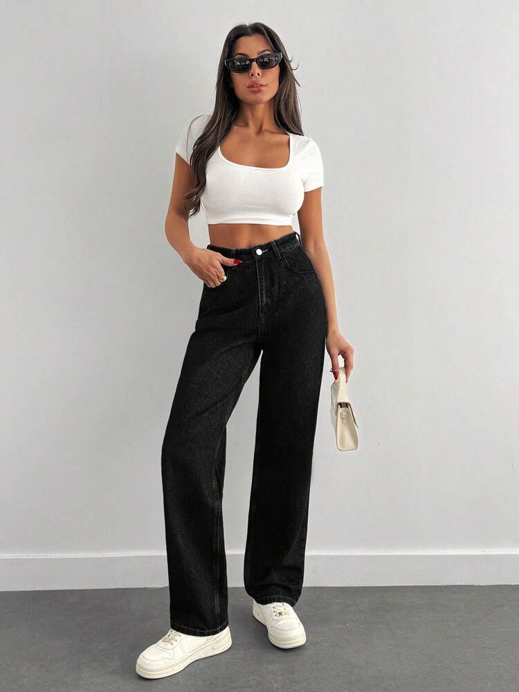 EURMUSE 100%Cotton Women's Casual High Waist Straight Cut Jeans - Black - View 3