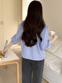 Teen Girls Blue & White Striped Collared Loose Lantern Sleeve Blouse, Casual Sweet Style For Spring, Summer, Autumn Blouses Teen Preppy Shirt Striped Shirt Collar Shirt Striped Blue Shirt Girl Collar Shirt - Blue and White - View 2