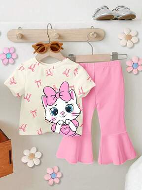 1 Set Baby Girls Casual Fashion Cute Bow Cartoon Cat Print Round Neck Short Sleeve T-Shirt And Flare Pants Outfit, Pink