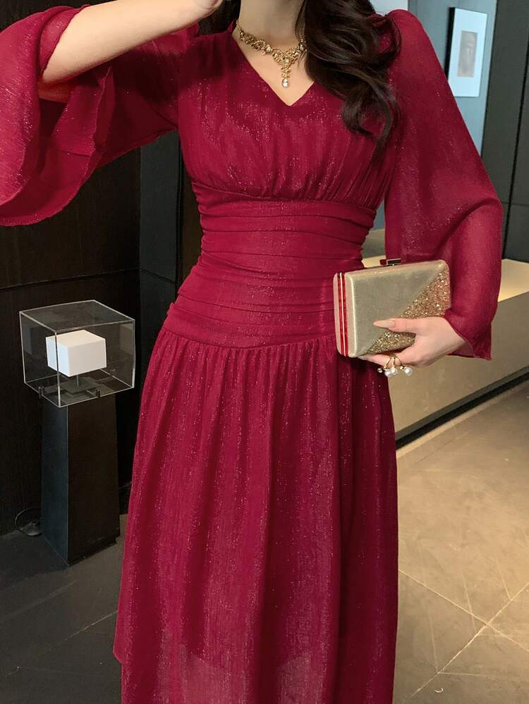 Spring/Summer Elegant V-Neck Slim Fit Long Dress, Suitable For Wedding, Party, Formal Occasions Sundress