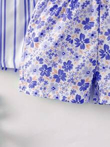 SHEIN Elladie kids Combinaison décontractée pour jeune fille avec motifs floraux, rayures et couleurs unies - Bleu azur - Voir 8
