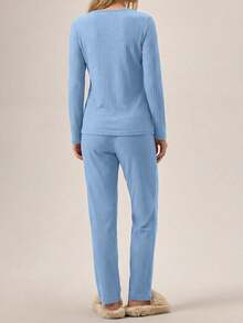 EURMUSE 100%Cotton Letter Embroidery Ribbed Knit Lounge Set - Baby Blue - View 2