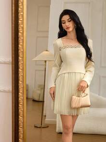 Modelyn 女士褶裥短款收腰优雅修身连衣裙 - 杏色 - 查看 6