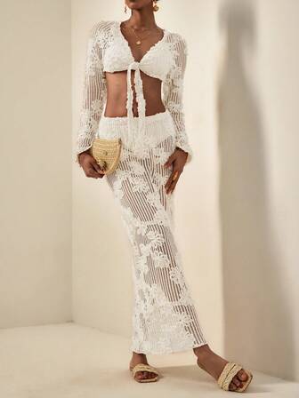 Écloséra Women's Solid Color Knitted Maple Leaf Jacquard Hollow Out Beach Maxi Skirt