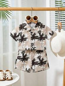 SHEIN Playful Pals 2件組男嬰熱帶植物與椰子樹印花短袖按扣襯衫與短褲套裝 米色夏季波西米亞風度假節日海灘嬰兒套裝 - 杏色 - 查看 4