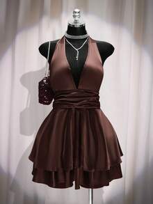 SHEIN ICON 大码女士缎面深V领吊带连衣裙，棕色 - 棕色 - 查看 5