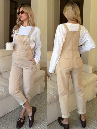 SHEIN 孕妇纯色斜插口袋休闲牛仔背带连体裤，春夏情人节嘉年华服装，通勤度假毕业时尚Y2K可爱街头风派对婚礼优雅商务休闲女式休闲牛仔背带裤，中性米色可调节连体裤，带口袋和卷边下摆