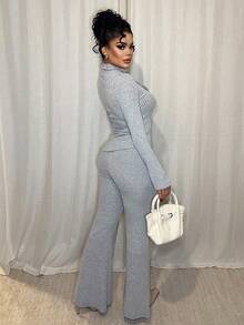 Dayanna Comas New Women High Neck Ribbed Knit Fleeced Asymmetrical Metal Decor Flare Sleeve Top And Flare Pants Two Pieces Set, Versatile For Daily Wear, Elegant & Youthful, Autumn/Winter - Grey - View 2