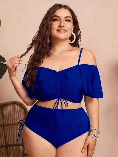 Swim Chiccia Traje de baño de 2 piezas para mujer de talla grande, de unicolor, con tirantes de espagueti, hombros descubiertos, volantes y cordón, estilo separado, elegante y casual para vacaciones