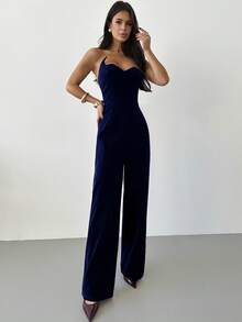 Firerie 女士优雅、精致、浪漫、性感、独特的时尚新年、情人节、节日派对、舞会不对称设计高腰丝绒酒红色阔腿连体裤 - 藏蓝色 - 查看 3