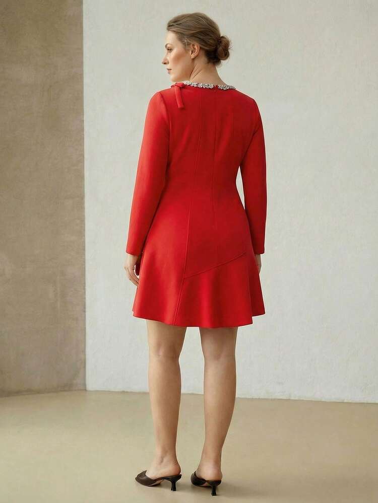 WOMEN'S PLUS RED RHINESTONE DETAIL BOW DECOR COCKTAIL PARTY DRESS