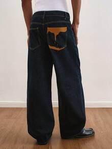 TOKVUE Men's Fashionable Street Style Embroidery Design Casual Washed Straight Leg Loose Jeans Men Wide Leg Jean Dark Wash Jeans Mens Jeans - Dark Wash - View 6