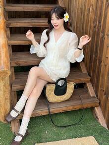 DAZY 2pcs Women V-Neck Ruffle Trim Casual Blouse Set - White - View 5