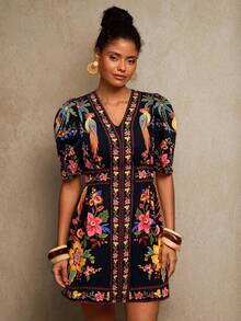 Travachic V-Neck Short Sleeve Fitted Women Mini Dress - Black - View 1