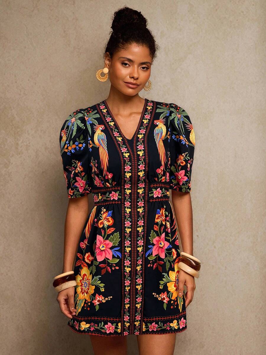 Travachic V-Neck Short Sleeve Fitted Women Mini Dress - Black - View 1