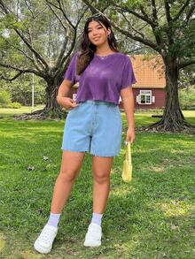 SHEIN EZwear Plus Size Solid Color Round Neck Short Sleeve Ribbed Loose Cropped T-Shirt - Purple - View 3