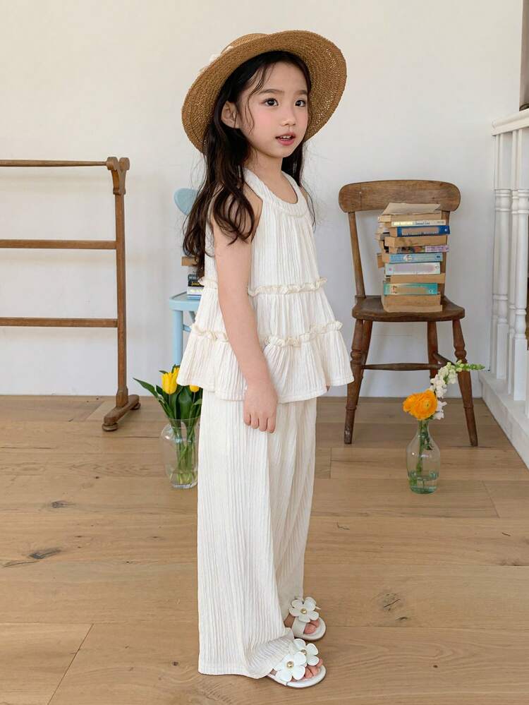 2pcs Young Girls Textured Crew Neck Sleeveless Ruffle Trim Shirt And Leggings Set