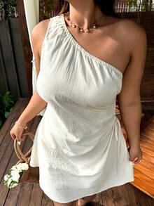 SHEIN EZwear 加大码不对称领口杏色迷你连衣裙，饰有打结细节，休闲夏季风格，单肩单袖设计，夏季连衣裙，米色连衣裙，度假连衣裙 - 杏色 - 查看 7