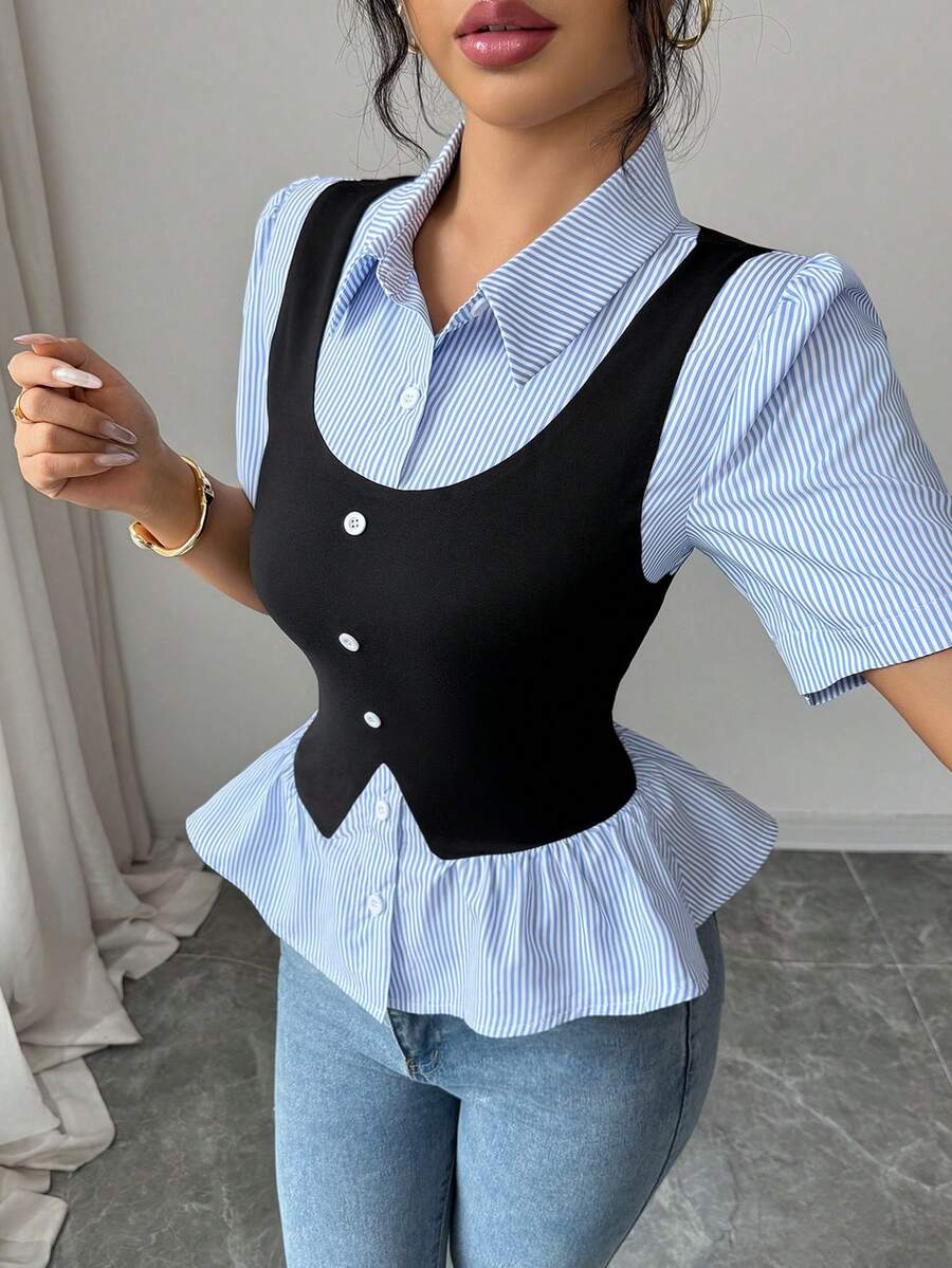 Elenzga Women's Collared Blue & White Striped Puff Sleeve Fitted Splice Blouse, Fashionable Daily Wear, Commute, Elegant New Style Black Shirt - Multicolor - View 1