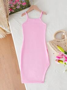 女童碎花吊带修身连衣裙，休闲沙滩度假装，夏季 - 粉色 - 查看 2