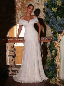 Glamrae Elegant, Romantic, Fashionable, White, Lace, Luxurious Satin, Eyelash Lace, Off-The-Shoulder Neckline, Back Tie Dress Wedding Guests, Holidays, Wedding Events And Formal Occasions, Heavily Embellished Wedding Dress,Wedding Party Dress, Valentine's Day - White - View 5