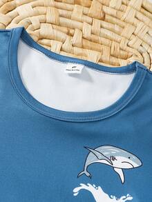 2pcs Young BoyCasual Blue Top And Shark Print Soft Comfortable Pajama Set - Multicolor - View 4