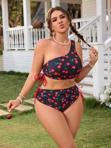 Swim Mod 2026新款加大码女式夏季沙滩度假樱桃印花泳衣上装，甜美性感抽绳收腰不对称肩带设计，甜美可爱加大码泳衣上装 - 黑色 - 查看 1