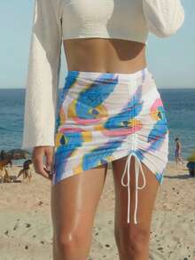 CAJUNI 全身印花褶皱抽绳薄纱罩衫裙，高腰，沙滩装，夏季假期，春季，情人节，时尚女装，女士嘉年华服装，夏季假期，春季，情人节，嘉年华服装，时尚女装，沙滩，度假 - 彩色 - 查看 4