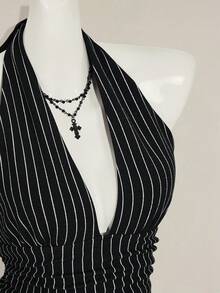 SHEIN ICON Halter Deep V-Neck Cinched Waist A-Line Backless Striped Tank Top - Dark Green - View 9