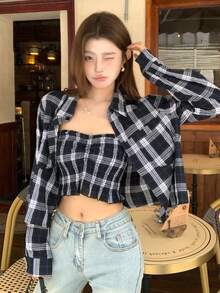 DAZY 格子印花褶皱荷叶边露脐抹胸上衣和纽扣前襟衬衫 - 杏色 - 查看 2