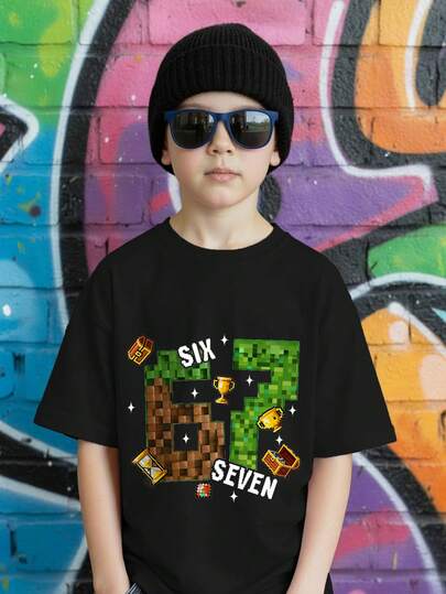 Tween Boy Casual Minimalist, Fashion Classic, Cool Style, Number 67, American Retro, Sports Style, Number "67" Print Casual Short Sleeve Round Neck T-Shirt, Suitable For Spring And Summer