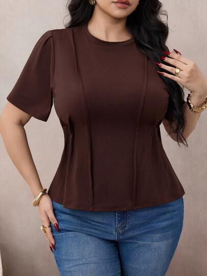 Modelyn Kaffefärgad rund hals Kortärmad Elegant Casual Mode Plus Size T-shirt