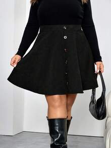 SHEIN CURVE+ Plus Size Solid Color Front Button Minimalist A-Line Skirt, Casual Daily Wear - Black - View 5