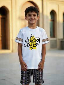 SHEIN 2pcs/Set Teenage Boys Short Sleeve Round Neck T-Shirt + Pocket Shorts Set