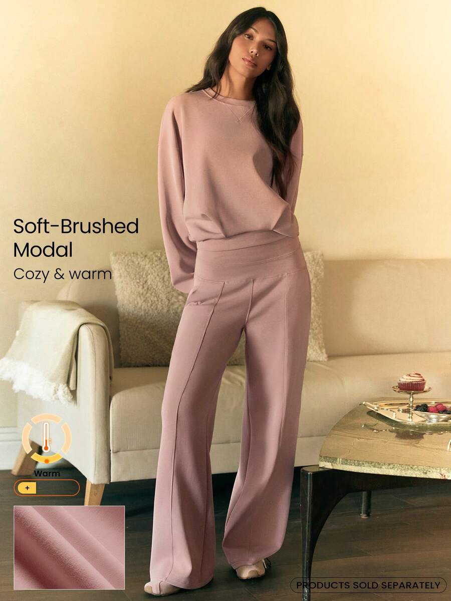 GLOWMODE 30'' Modal Fleece Wide Leg High Waist Adjustable Drawstring Waist Joggers Pants With Side Pockets Daily Casual - Dusty Pink - View 1