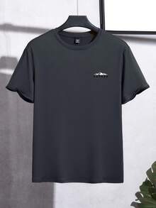 Manfinity Homme Men's Classic Mountain Icon Printed Dark Grey Round Neck Short Sleeve T-Shirt, Simple And Fashionable Grey Tee Slim Fit T-Shirts Mens Casual T-Shirt With Mountain Print - Dark Grey - View 3