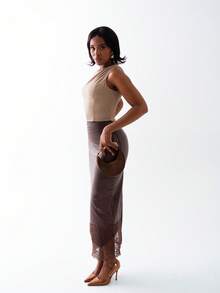 OverBlushhh Women's Elegant Faux Leather Crocodile Texture High-Waisted Straight Pencil Skirt With Lace Slit,Shades Of Brown,Autumn,Date,Work Office Long Skirt - Brown - View 6