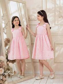Glamorique Kids 优雅韩式甜美可爱3D蝴蝶结吊带无袖A字休闲时尚连衣裙，公主裙，适合节日派对、生日礼物、情人节、度假、日常穿着 - 粉色 - 查看 5