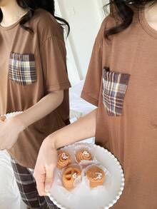 2件套少女休闲宽松落肩短袖上衣和复古格子裤家居服套装 - 咖啡棕 - 查看 6