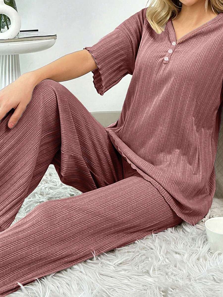 RueChic 2Pcs/Women's Button Details And Lettuce Trim Detail Homewear Lounge Set - Dusty Pink - View 1