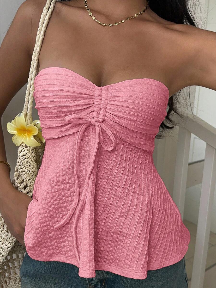 SHEIN EZwear Pink Knitted Tie-Up Bandeau Top For Women Pink Bandeau Top Summer Pink Top Pink Bow Top Strapless Pink Top Ruched Bandeau Top - Pink - View 1