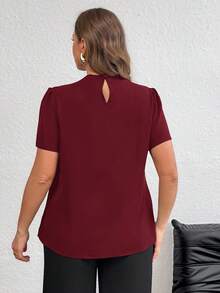 Firerie Plus Size Women's Solid Color Pleated Puff Sleeve Elegant Blouse Formal Tops Formal Top Maroon Tops Modest Tops Office Tops For Women - Burgundy - View 3