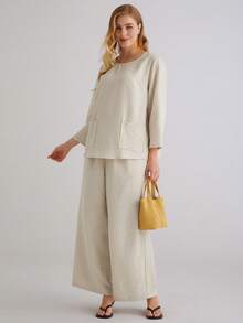 Parysyn 大码梭织女式休闲棉麻两件套 - 杏色 - 查看 6