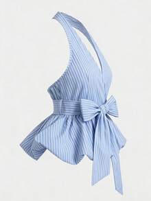 Olithes 2026新款女士裹身式露背上衣，饰有蝴蝶结，经典条纹图案 - 适合日常休闲、办公室通勤、轻松度假穿着 - 彩色 - 查看 3