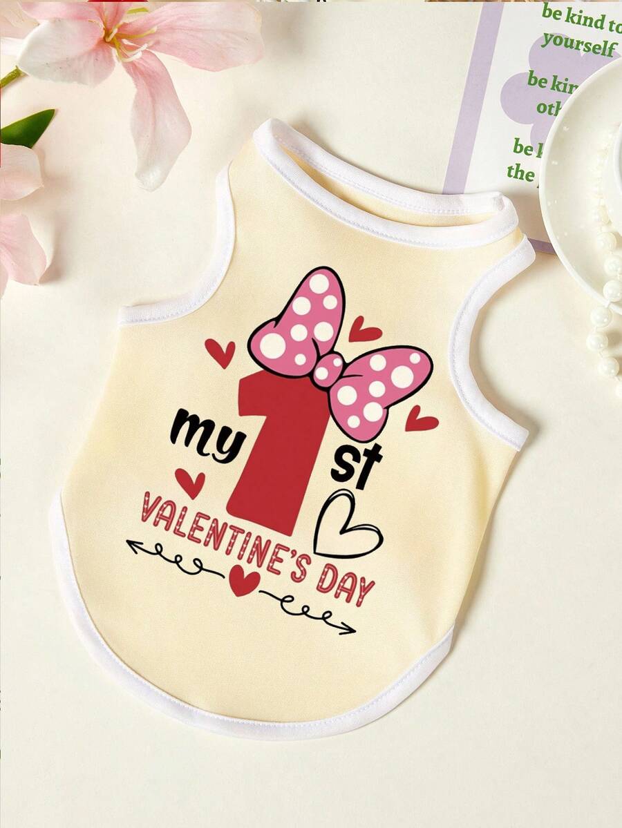 PETSIN 1件装数字1蝴蝶结字母印花宠物背心，透气亲肤，米色