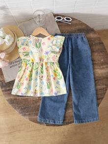 SHEIN Vintaside Kids 2026春夏新款，甜美黄色碎花印花荷叶袖圆领套装上衣，适合年轻女孩，可爱风格，幼儿女童碎花印花荷叶边上衣，幼儿女童纯棉服装，可爱复古风格女童套装，女童衬衫套装，儿童女童服装，黄色涤纶可爱无袖荷叶边圆领常规款上衣，植物图案，适合年轻女孩，年轻女孩黄色涤纶可爱荷叶边圆领常规款上衣，植物图案。优雅派对礼服。 - 黃色 - 查看 2