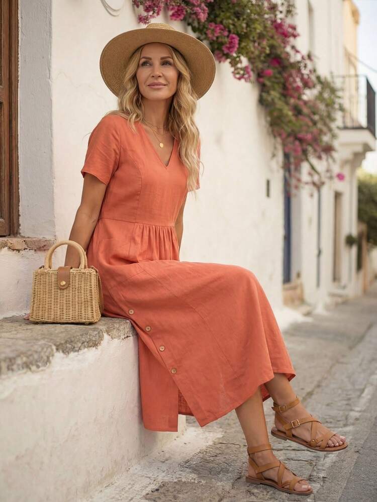 Women's Mid-Length Solid Color Short Sleeve V-Neck Dress, Summer Dresses For Women