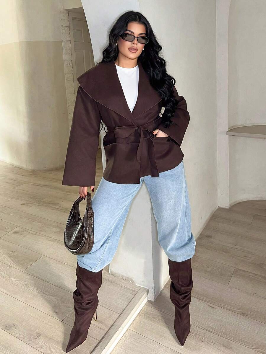 Dayanna Comas Women's Elegant Commuting Warmth And Simplicity Brown Coat Front Tie Long Sleeve Pocket Casual Jacket, Everyday Wear In Fall/Winter - Brown - View 1