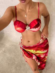 Swim SXY Women's 3pcs/Set Red Floral Print Halter Bikini Top & Leaf Slit Skirt Swimwear, Summer Casual Beach Vacation Holiday Outfit,Boho Western Outfits - Multicolor - View 5
