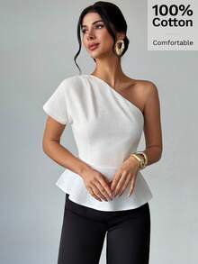 Firerie 女士优雅通勤不对称腰部露肩100%纯棉衬衫 - 白色 - 查看 5